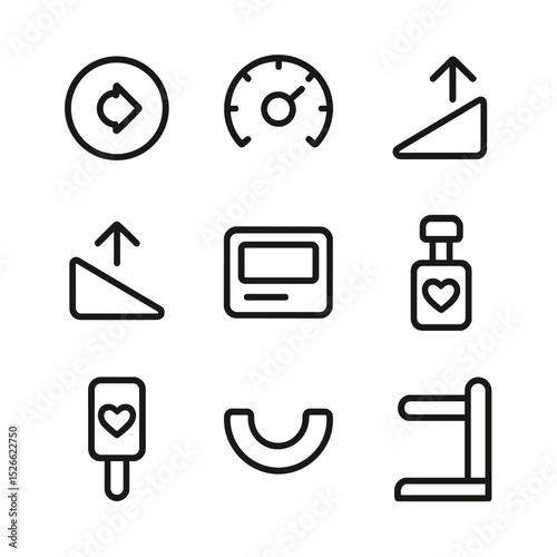 Treadmill Control Icons. Outline icon set of treadmill controls and features: start button, speed dial, incline up, incline down,