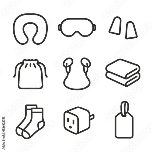 Travel Sleep Essentials Icons. Outline icon set of travel sleep essentials: neck pillow, inflatable eye mask, silicone earplugs,
