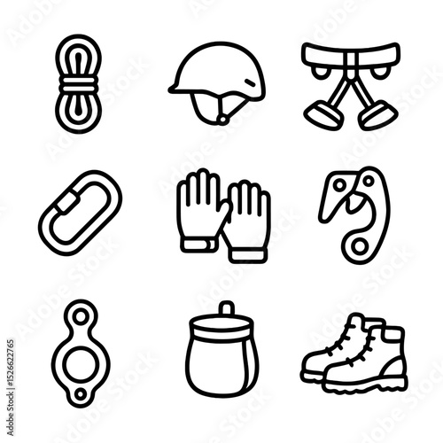 Tree Climbing Gear Icons. Outline icon set of basic tree-climbing gear: climbing rope, safety helmet, harness belt, carabiner clip