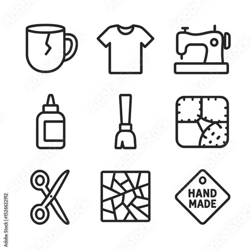 Upcycling Icon Set. Outline icon set of upcycling processes: broken object, new product silhouette, sewing machine, glue bottle,