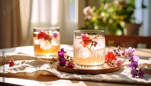 Delightful glass beverage with ice and colorful flower garnishes, space for copy