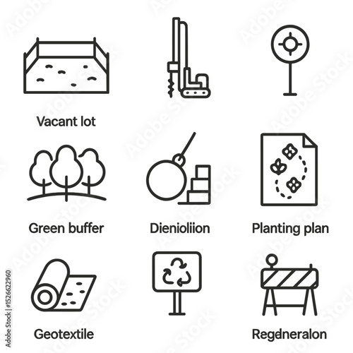 Urban Redevelopment Icons. Outline icon set of urban brownfield redevelopment: vacant lot, soil remediation rig, site survey
