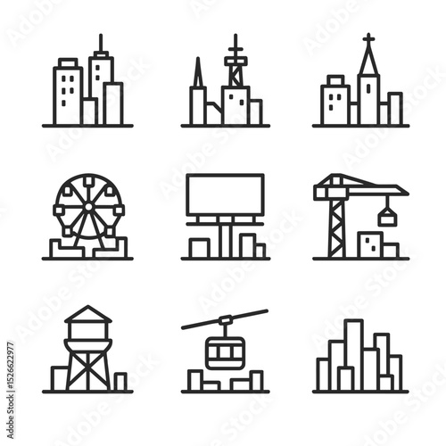 Urban Skyline Icons. Outline icon set of urban skyline horizons: skyscraper tops, rooftop antenna, church spire, Ferris wheel,