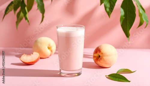 Elegant glass of iced creamy peach drink with pink foam on a pink surface with leaf