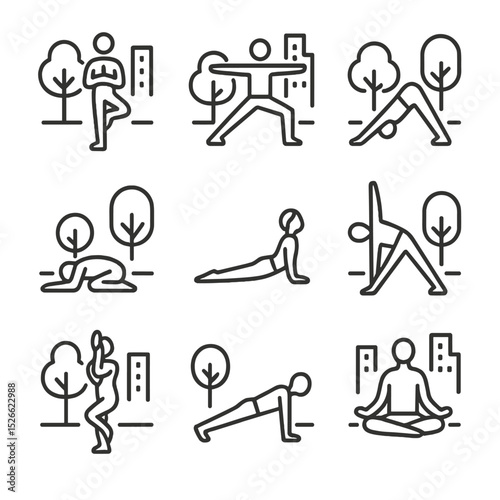 Urban Yoga Icon Set. Outline icon set of urban park yoga poses: tree pose, warrior II, downward dog, child’s pose, cobra pose,