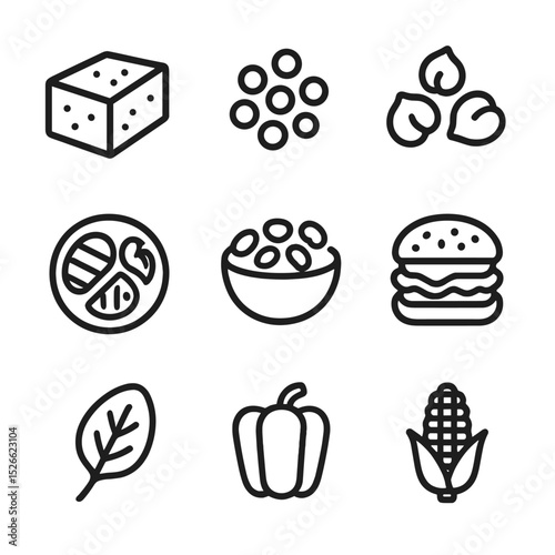 Vegetarian Diet Icons. Outline icon set of vegetarian diet patterns: tofu block, lentils, chickpeas, grilled vegetables, bean