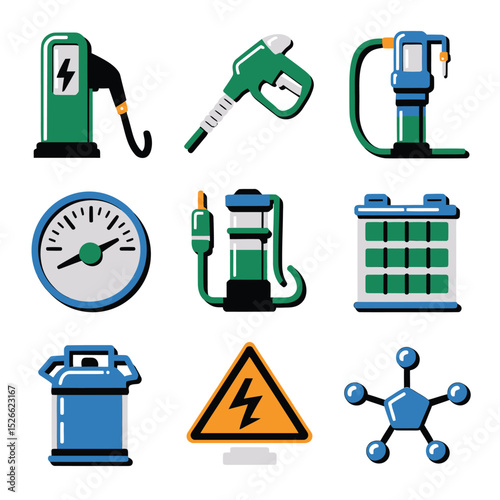 vector icons to vehicle fueling and charging a gasoline pump, an electric vehicle plug hydrogen mole