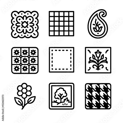 Vintage Patchwork Icon Set. Outline icon set of vintage fabric patchwork blanket: lace square, gingham swatch, paisley motif,