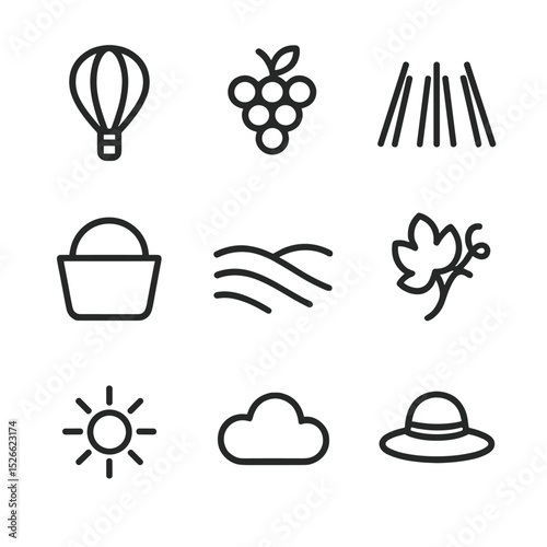 Vineyard Icon Set. Outline icon set of vineyard overflight: hot air balloon, grape cluster, vine row, basket silhouette, rolling