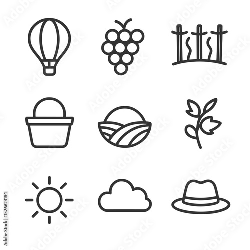 Vineyard Icon Set. Outline icon set of vineyard overflight: hot air balloon, grape cluster, vine row, basket silhouette, rolling