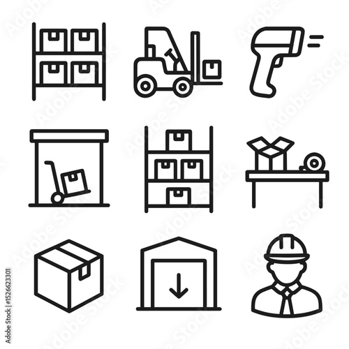 Warehousing Flowchart Icons. Outline icon set of warehousing flowchart: pallet rack, forklift, barcode scanner, inventory shelf,