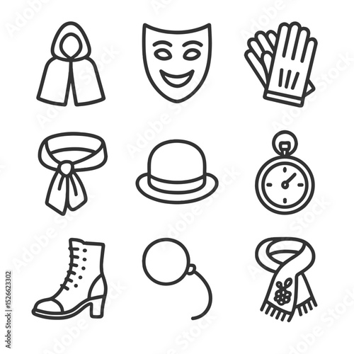 Wardrobe Icons Collection. Outline icon set of costume and wardrobe pieces: hooded cloak, theatrical mask, leather gloves, bowler