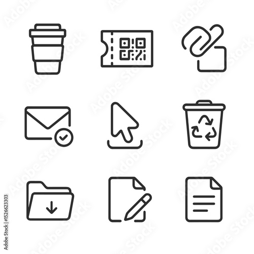 Waste Reduction Icons. Outline icon set of waste reduction practices: reusable coffee cup, e-ticket, minimized attachment,