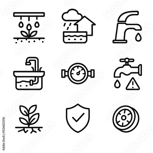 Water Conservation Icons. Outline icon set of water conservation measures: drip irrigation, rainwater harvesting, low-flow faucet,