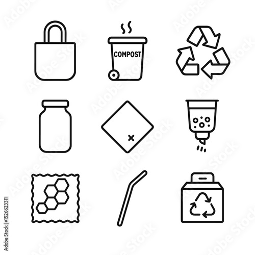Waste Reduction Icons. Outline icon set of waste reduction practices: reusable bag, compost bin, recycling symbol, glass jar,