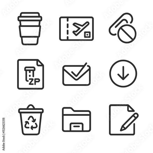 Waste Reduction Icons. Outline icon set of waste reduction practices: reusable coffee cup, e-ticket, minimized attachment,