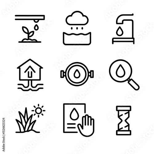 Water Conservation Icons. Outline icon set of water conservation measures: drip irrigation, rainwater harvesting, low-flow faucet,