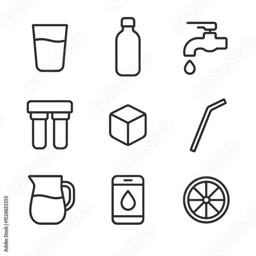 Water Essentials Icons. Outline icon set of drinking water essentials: water glass, reusable bottle, faucet tap, water filter, ice