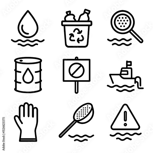 Water Pollution Icons. Outline icon set of water pollution and cleanup: oil spill droplet, trash bin, filter sieve, chemical