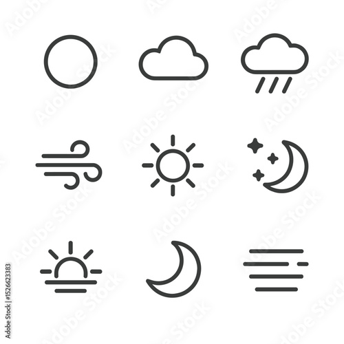 Weather Icons Grid. Outline icon set of weather conditions for watching: clear sky, cloudy sky, rain shower, wind gust, thermal