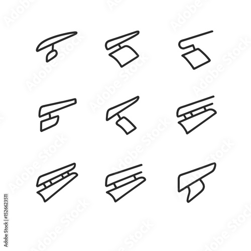 Wing Systems Icon Set. Outline icon set of high‐lift wing systems: leading‐edge slat, Fowler flap, plain flap, split flap, Krueger