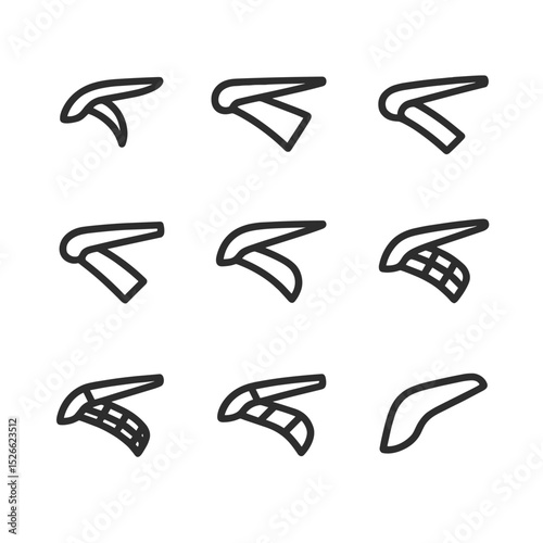Wing Systems Icon Set. Outline icon set of high‐lift wing systems: leading‐edge slat, Fowler flap, plain flap, split flap, Krueger