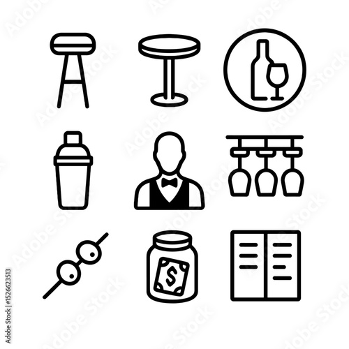 Wine Bar Icons. Outline icon set of wine bar ambiance: bar stool, high table, neon wine sign, cocktail shaker, bartender