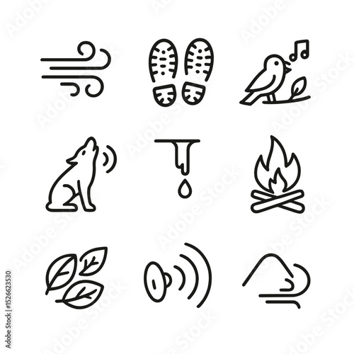 Winter Forest Sounds Icons. Outline icon set of winter forest sounds: wind gust, crunching footsteps, bird song, wolf howl,