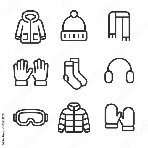 Winter Clothing Icons. Outline icon set of winter clothing and accessories: parka, beanie, scarf, gloves, thermal socks, earmuffs,