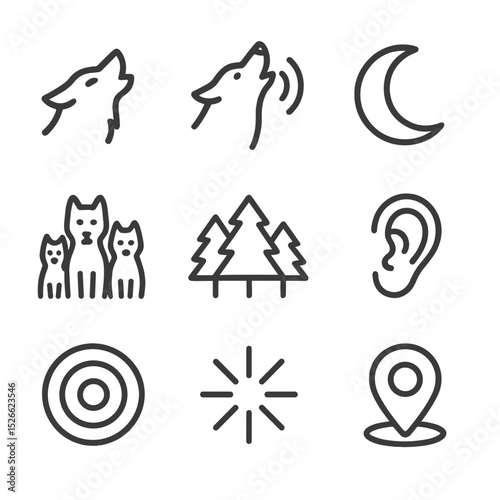 Wolf Icon Set. Outline icon set of wolf howling and pack signals: wolf head silhouette, howl sound lines, moon icon, pack of three