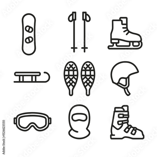 Winter Sports Icons. Outline icon set of winter sports activities: snowboard, ski poles, ice skates, sled, snowshoes, helmet,
