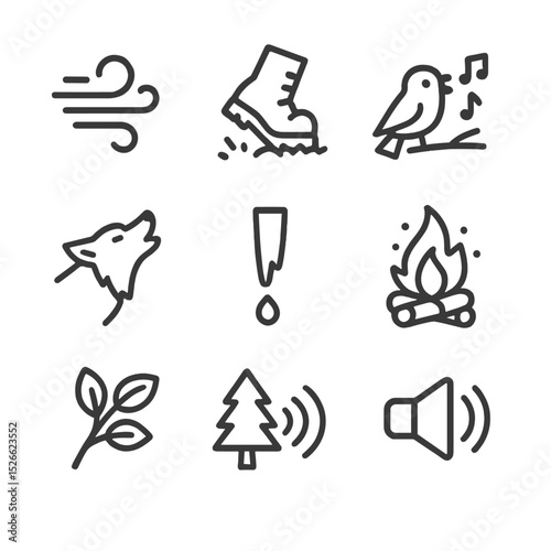 Winter Forest Sounds Icons. Outline icon set of winter forest sounds: wind gust, crunching footsteps, bird song, wolf howl,