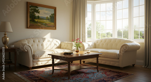 Sunlit Living Room Interior Design Elegant Cream Sofas and Bay Window