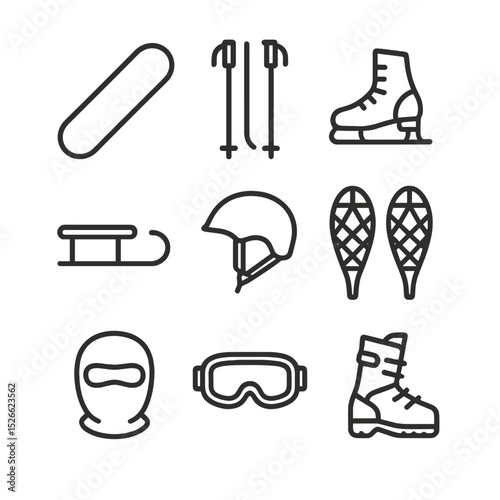 Winter Sports Icons. Outline icon set of winter sports activities: snowboard, ski poles, ice skates, sled, snowshoes, helmet,