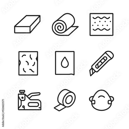 Wool Insulation Icon Set. Outline icon set of wool insulation materials: insulation panel, loft insulation roll, thermal barrier,
