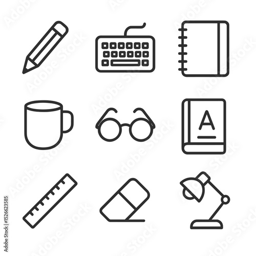 Writing Tools Icons. Outline icon set of writing tools: pencil, computer keyboard, spiral notebook, coffee mug, reading glasses,