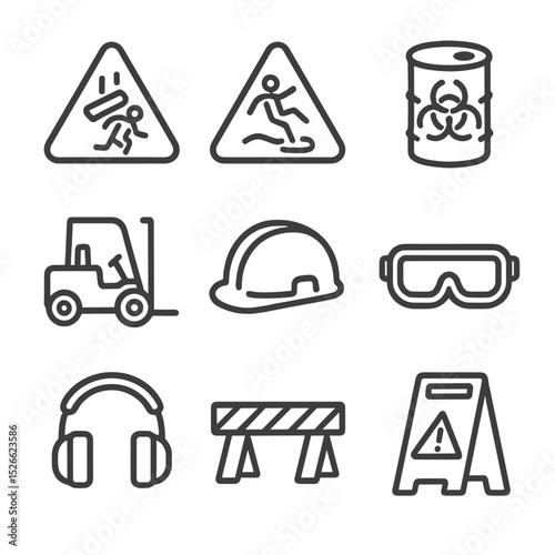 Workplace Safety Icons. Outline icon set of workplace safety hazards: falling object, wet floor, biohazard canister, forklift