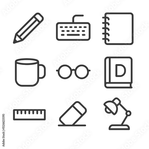 Writing Tools Icons. Outline icon set of writing tools: pencil, computer keyboard, spiral notebook, coffee mug, reading glasses,