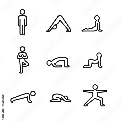 Yoga Postures Icons. Outline icon set of yoga postures for alignment: mountain pose, downward dog, cobra pose, tree pose, bridge
