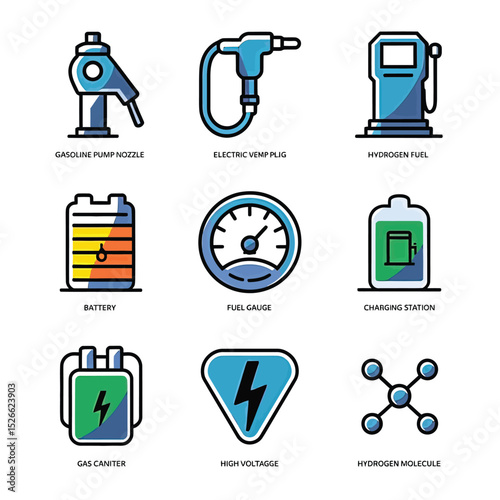 vector icons to vehicle fueling and charging a gasoline pump, an electric vehicle plug hydrogen mole
