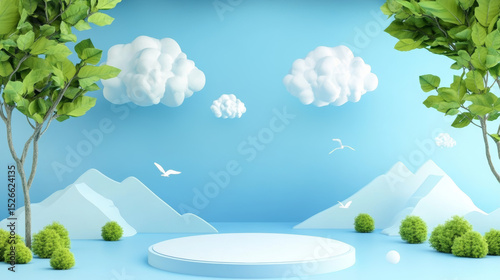 Dreamy spring landscape with white product display. Perfect for showcasing natural-themed goods and products.