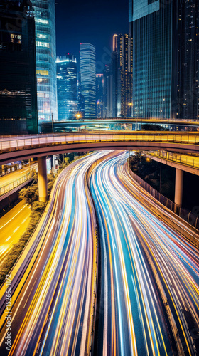 Dynamic city lights illuminate urban highways and towering buildings at night. Motion blurred vehicles create vibrant streaks of color.