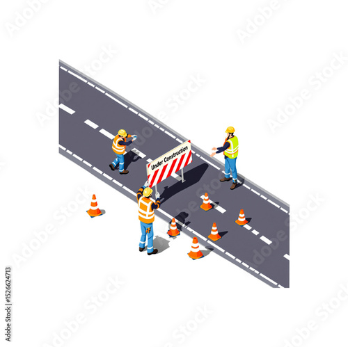 Road Construction Workers Setting Up Safety Cones and an Under Construction Sign on a Newly Paved Asphalt Roadway