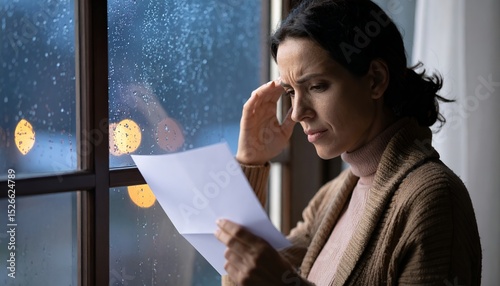 A worried woman reads upsetting news on a letter by a rain-streaked window at night.