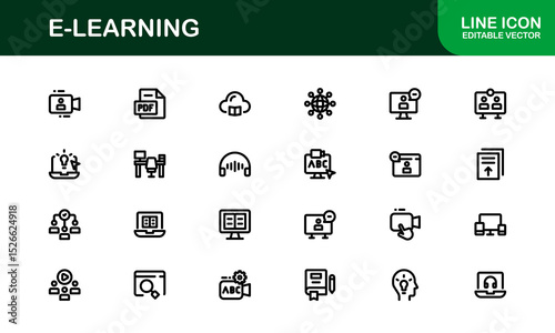 Professional E-learning icon collection crafted to elevate online education interfaces, course creators, and virtual classrooms with clean, modern visuals.