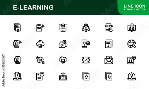 Professional E-learning icon collection crafted to elevate online education interfaces, course creators, and virtual classrooms with clean, modern visuals.