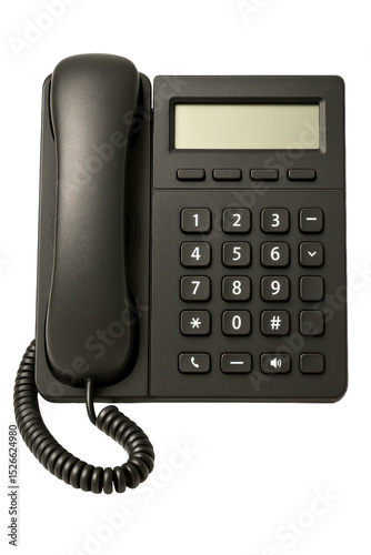 Classic black telephone with a numeric keypad for retro communication on a transparent background