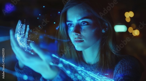 Woman interacting with a holographic hand