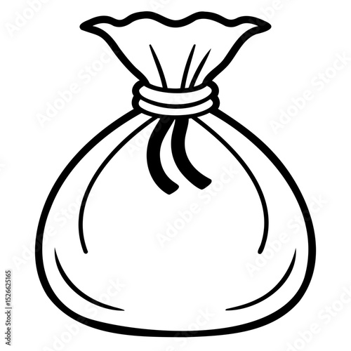 Illustration of a tied sack with gathered top and string closure in black outline on transparent background