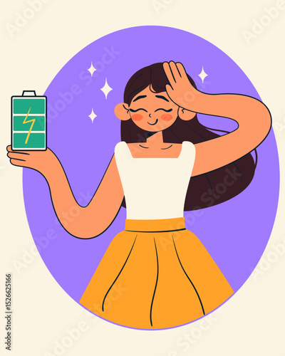 Full of energy concept. Cheerful energetic woman with full charge battery. Cartoon isolated vector illustration.